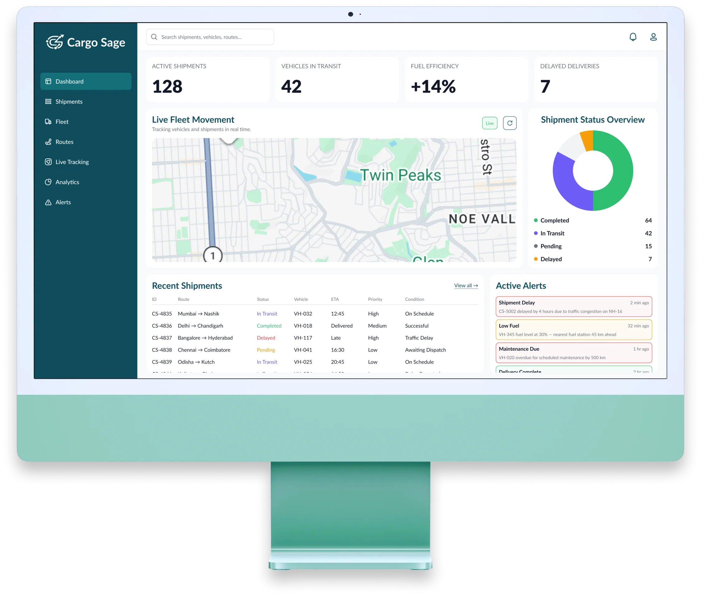 Cargo Sage logistics dashboard shown on an iMac