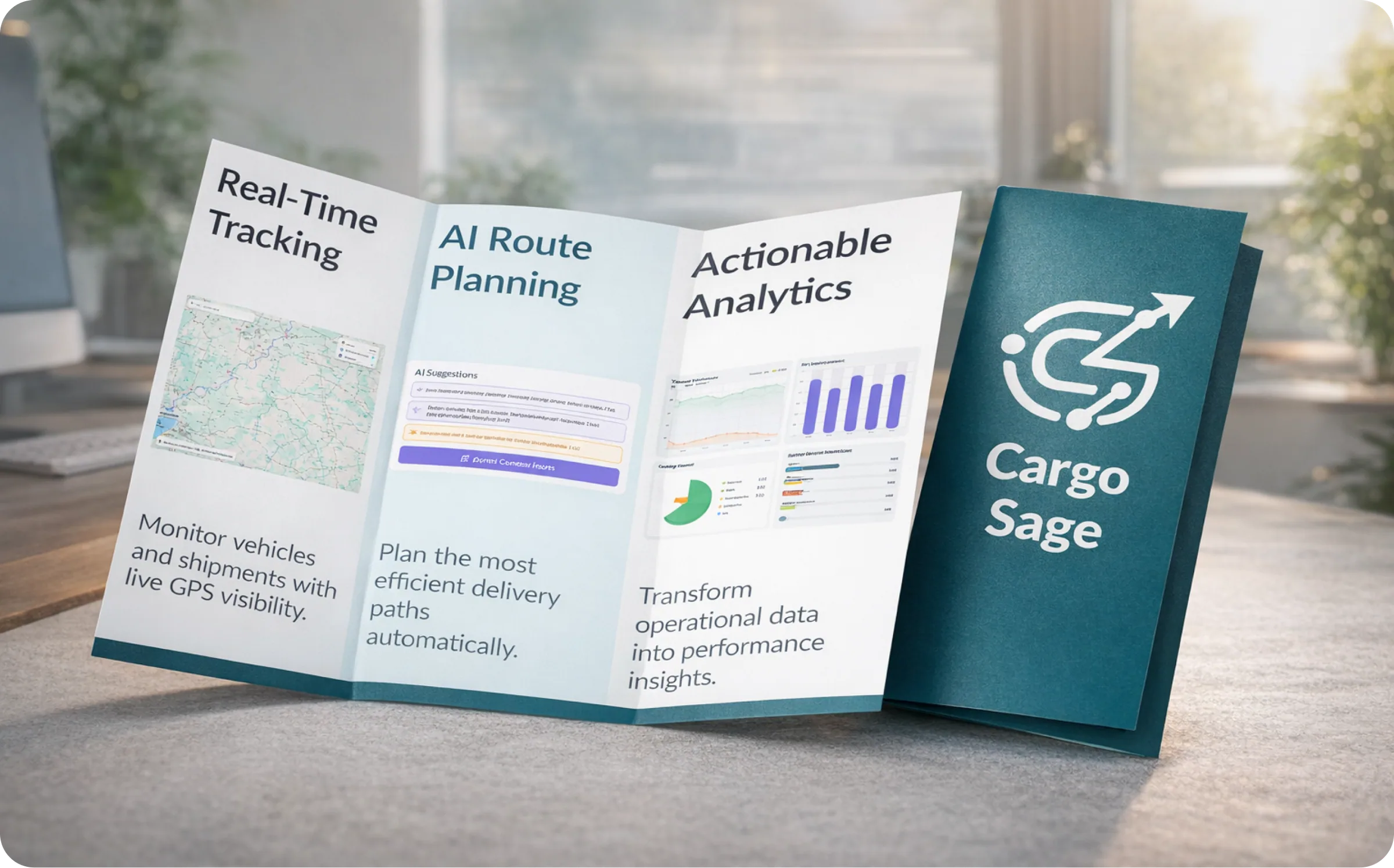 CargoSage branding environmental mockup showcasing the identity in context