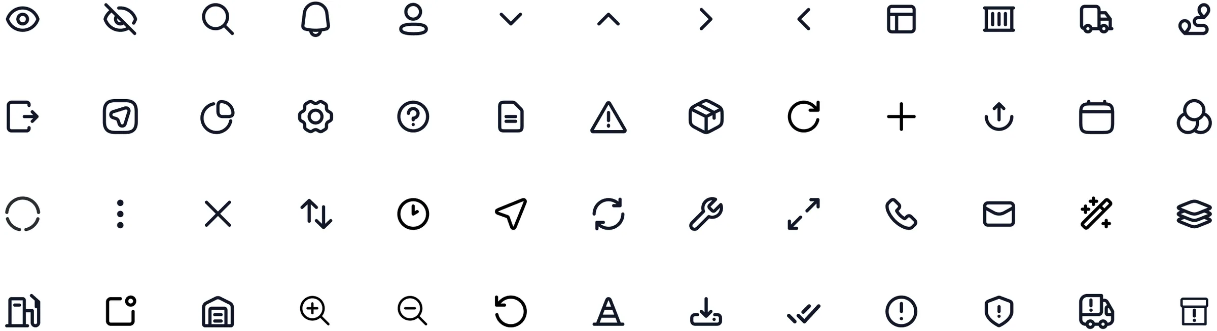 CargoSage iconography set — 52 core UI icons used across the logistics dashboard including truck, route, dashboard, search, notifications, document, settings, and navigation controls