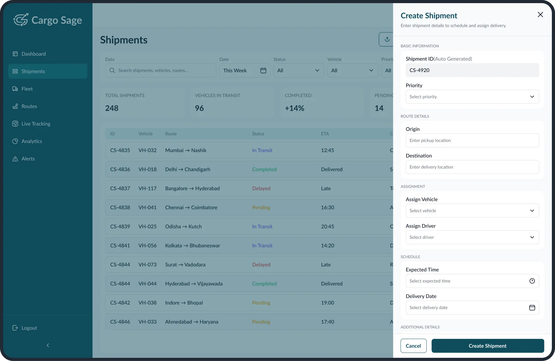 Add Shipment drawer with route, vehicle, driver, and schedule fields