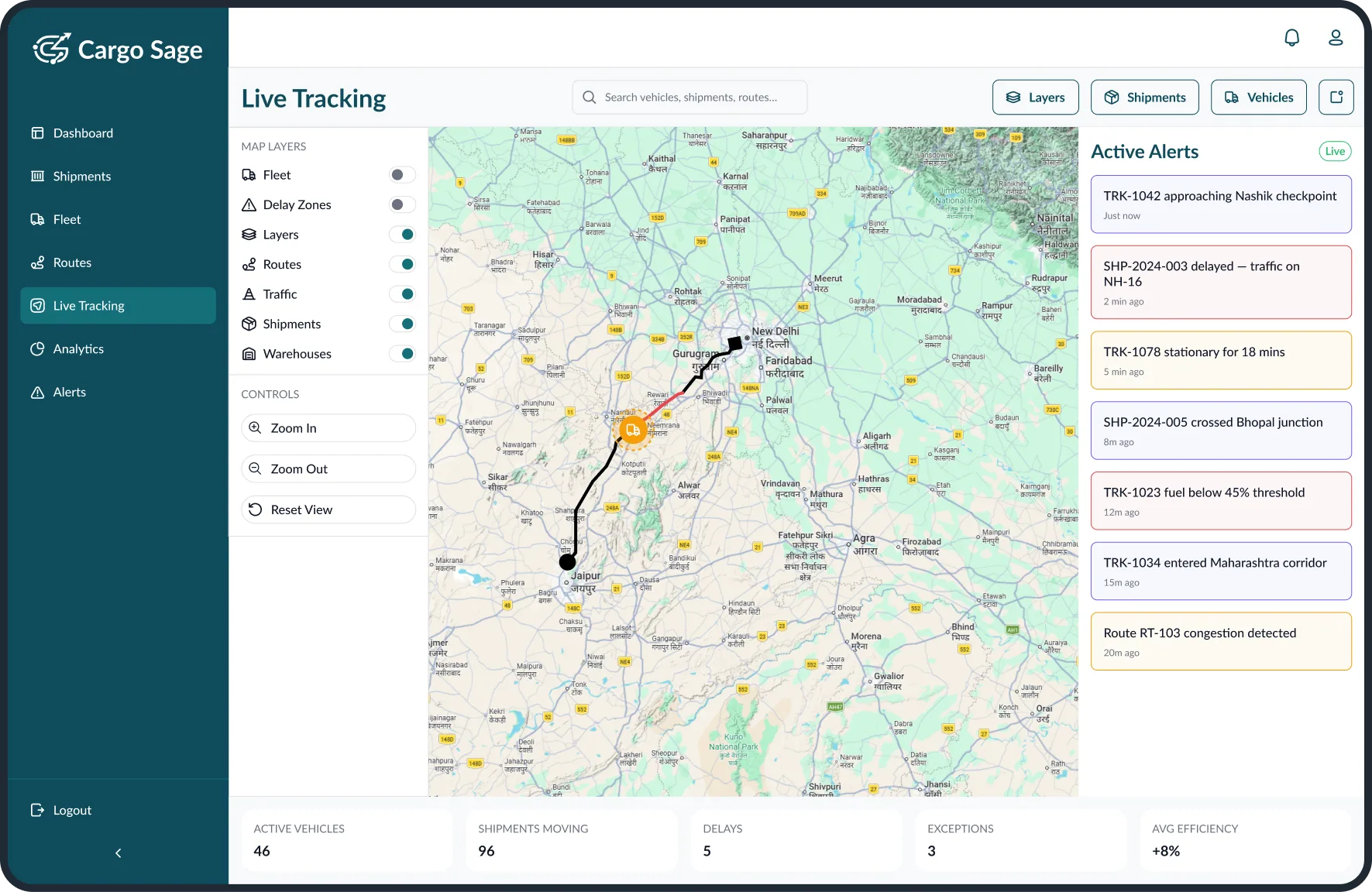 Live Tracking module showing real-time vehicle positions, routes, and alerts on an interactive map