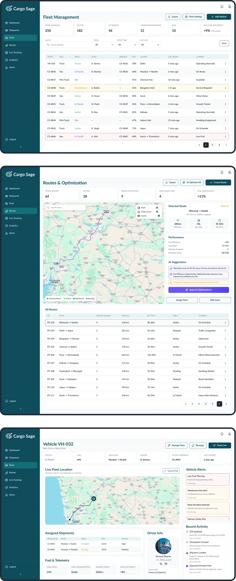 Column 2 — Fleet, Routes, View fleet mobile screens