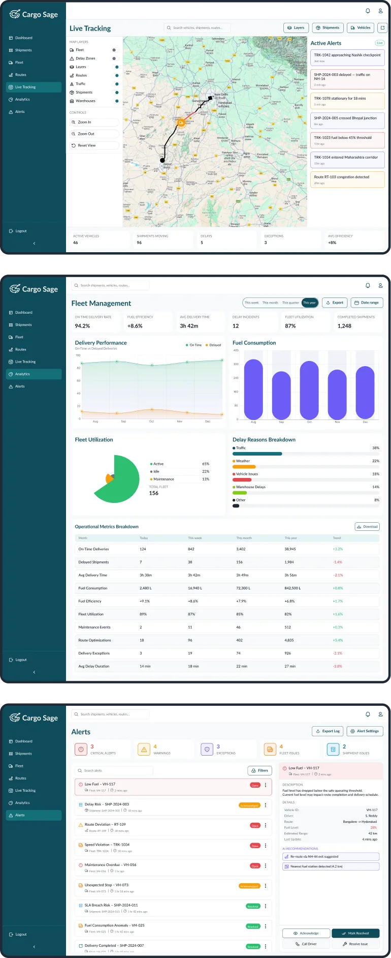 Column 3 — Live tracking, Analytics, Alerts mobile screens