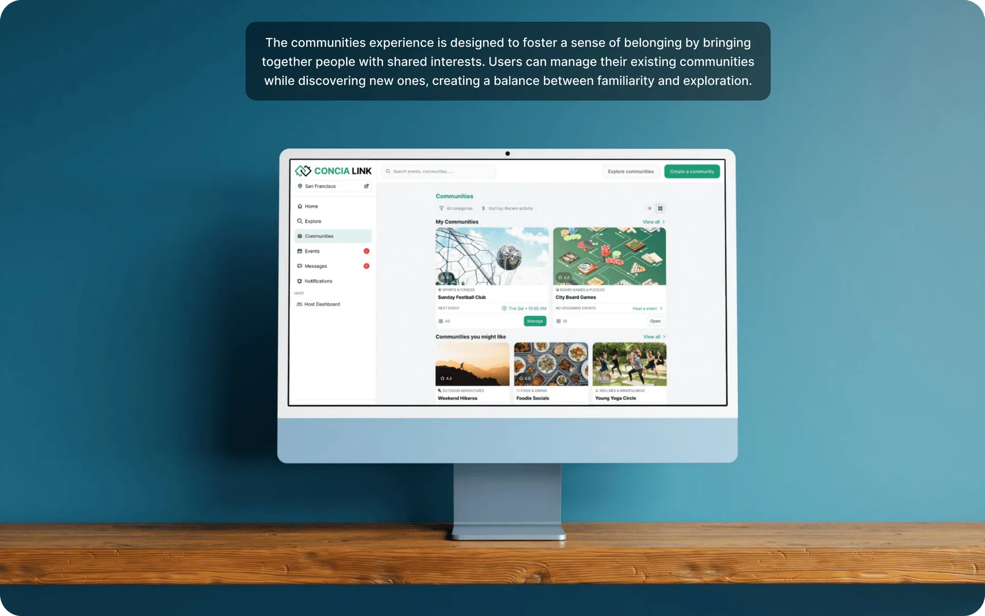 Concia Link communities page displayed on an iMac showing My Communities, community details, and suggested communities