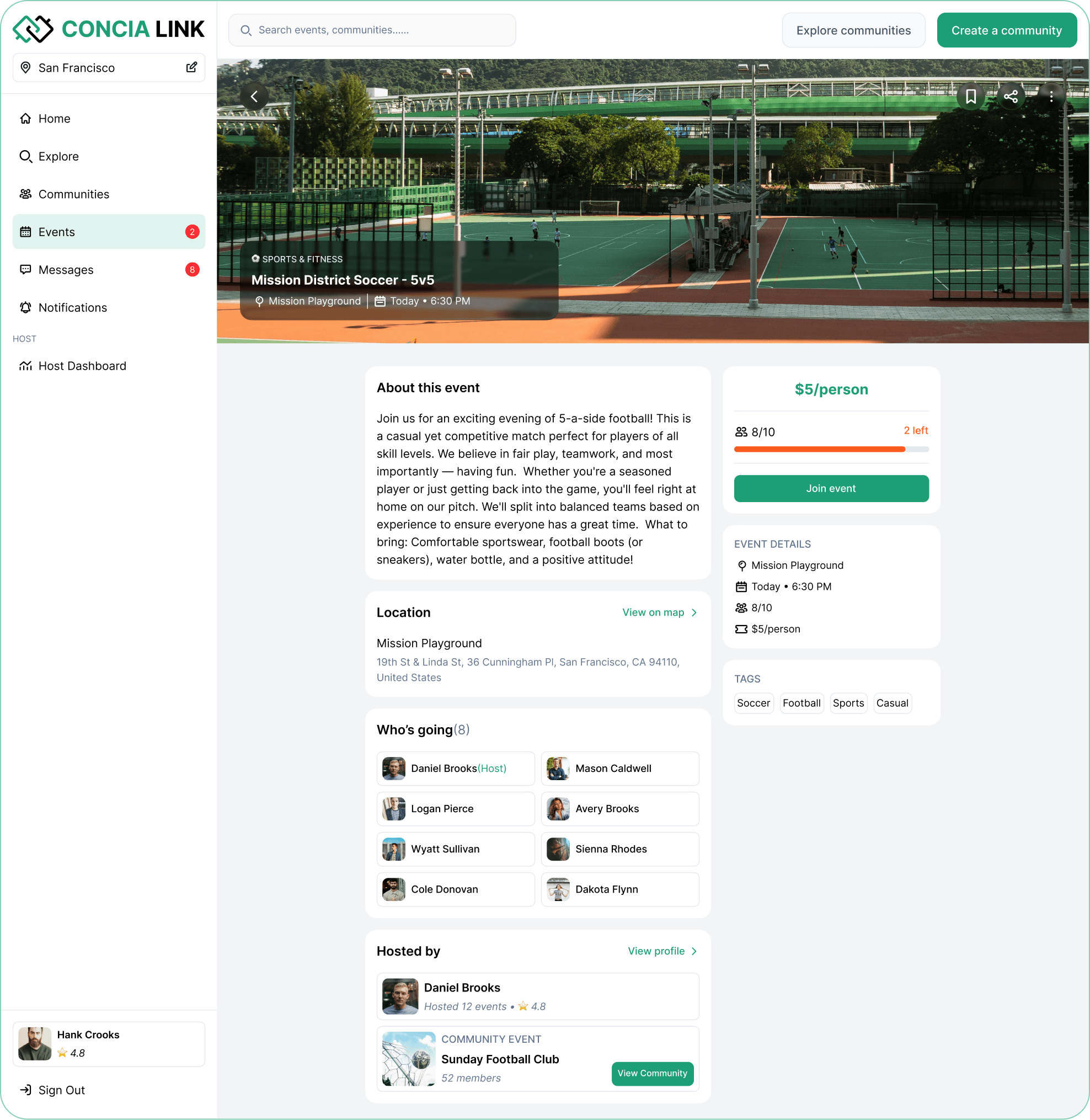 Concia Link event detail page showing event information, location, attendee list, host credibility, and join button