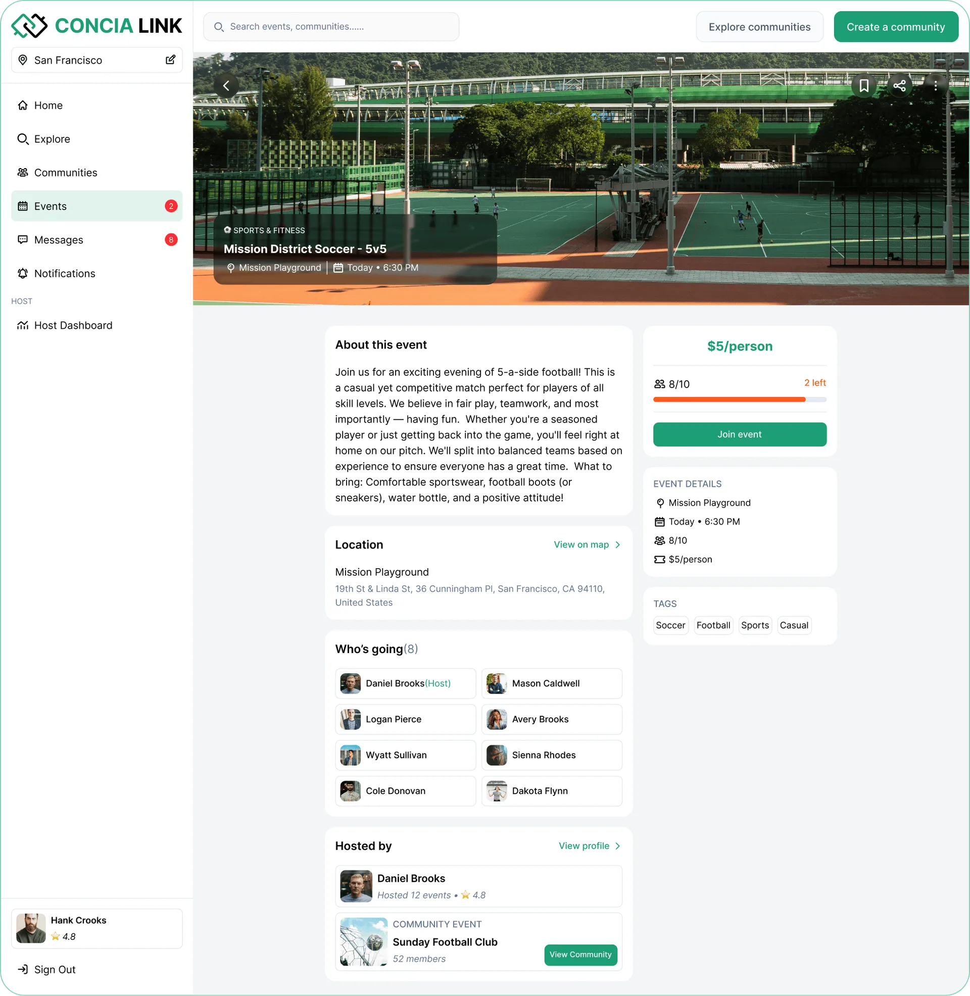 Concia Link event detail page showing event information, location, attendee list, host credibility, and join button