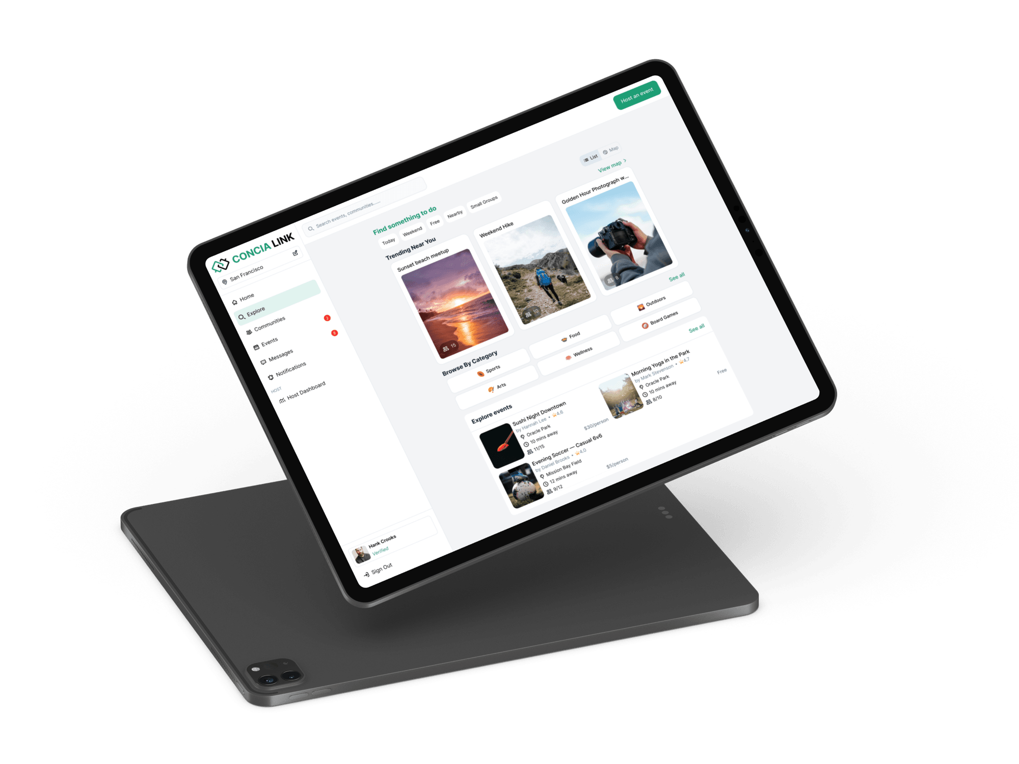 Concia Link explore page displayed on an iPad Pro showing trending events, browse by category, and event listings
