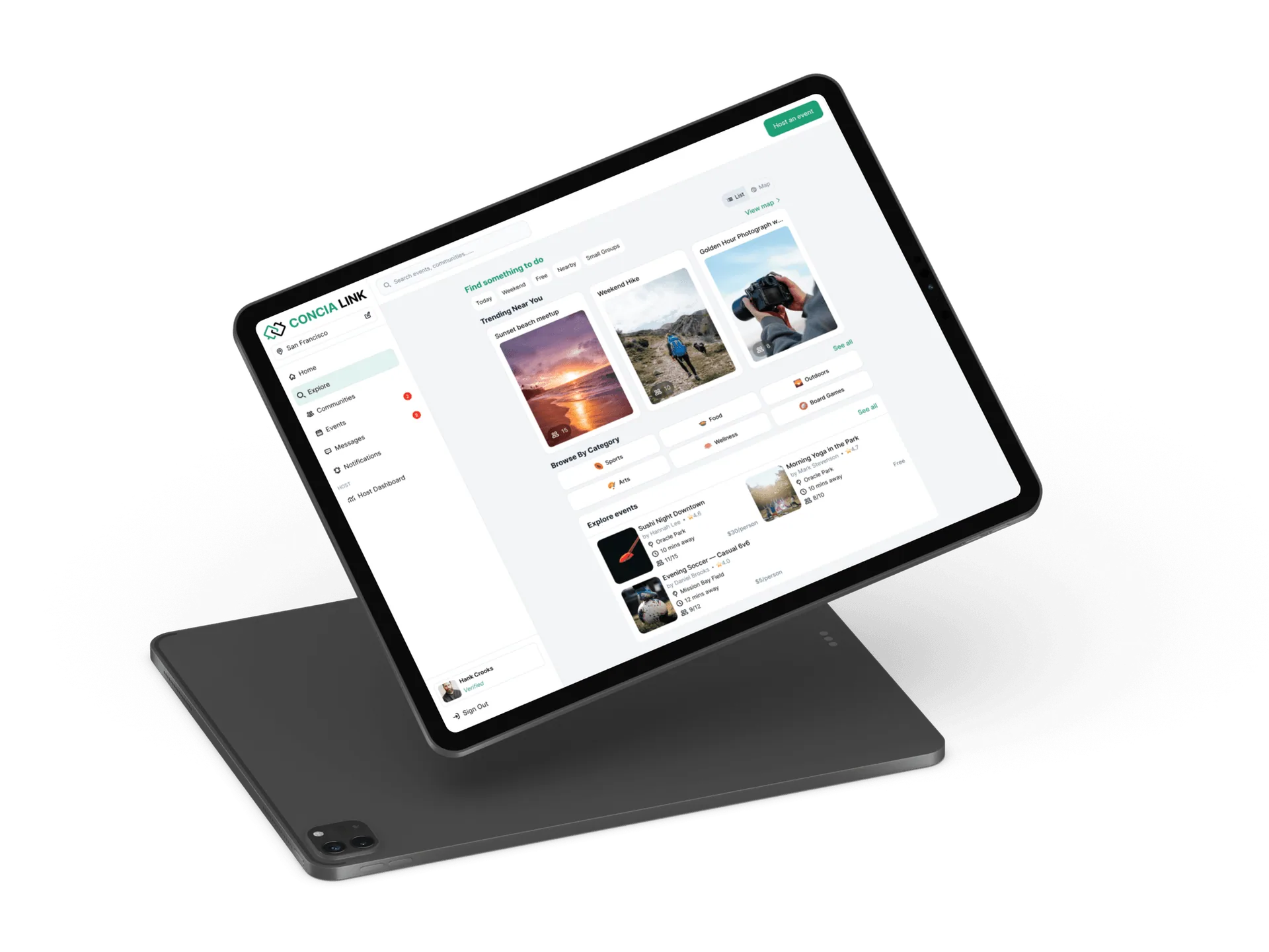 Concia Link explore page displayed on an iPad Pro showing trending events, browse by category, and event listings