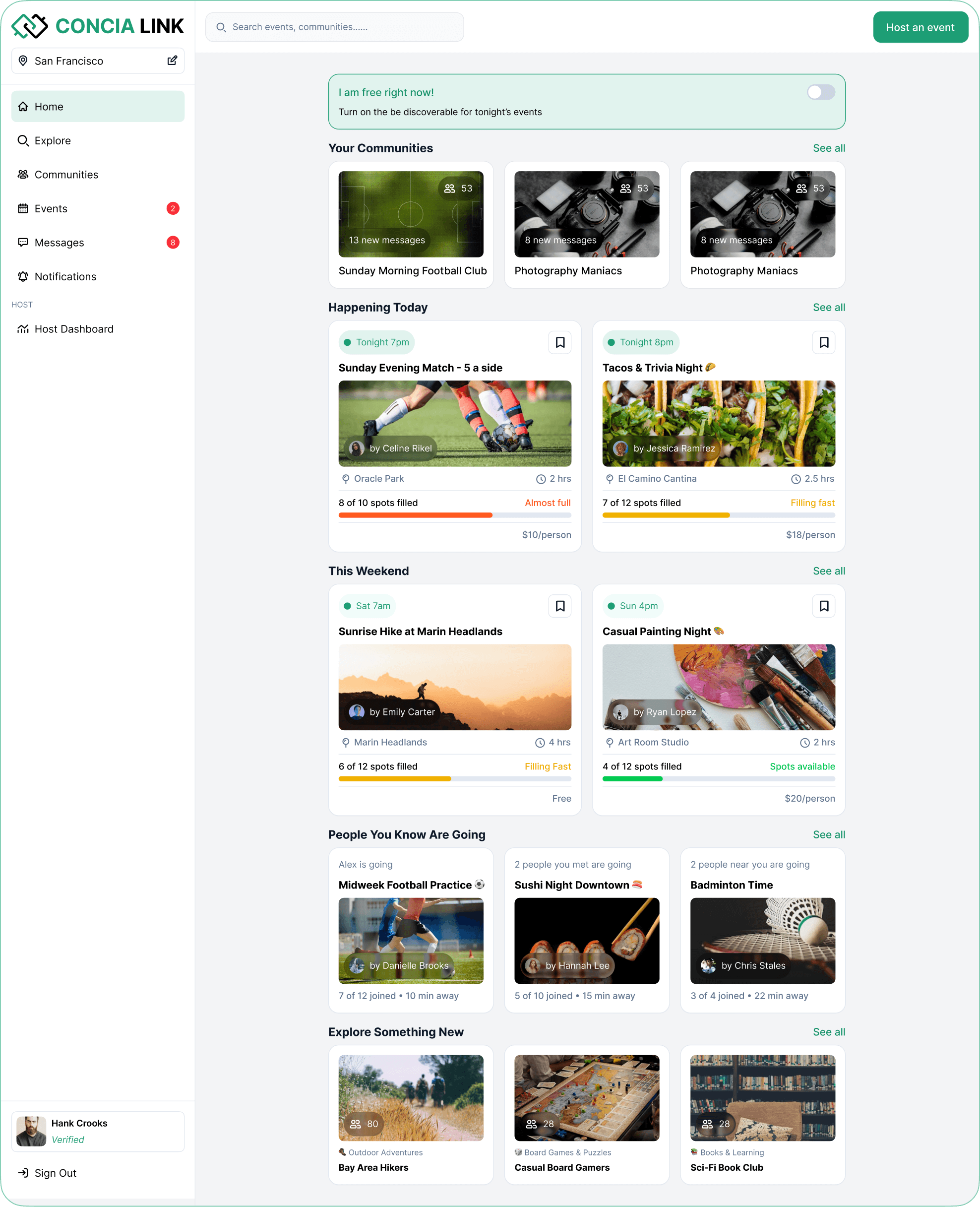 Concia Link web homepage dashboard showing communities, happening today events, trending activities, and people you know sections