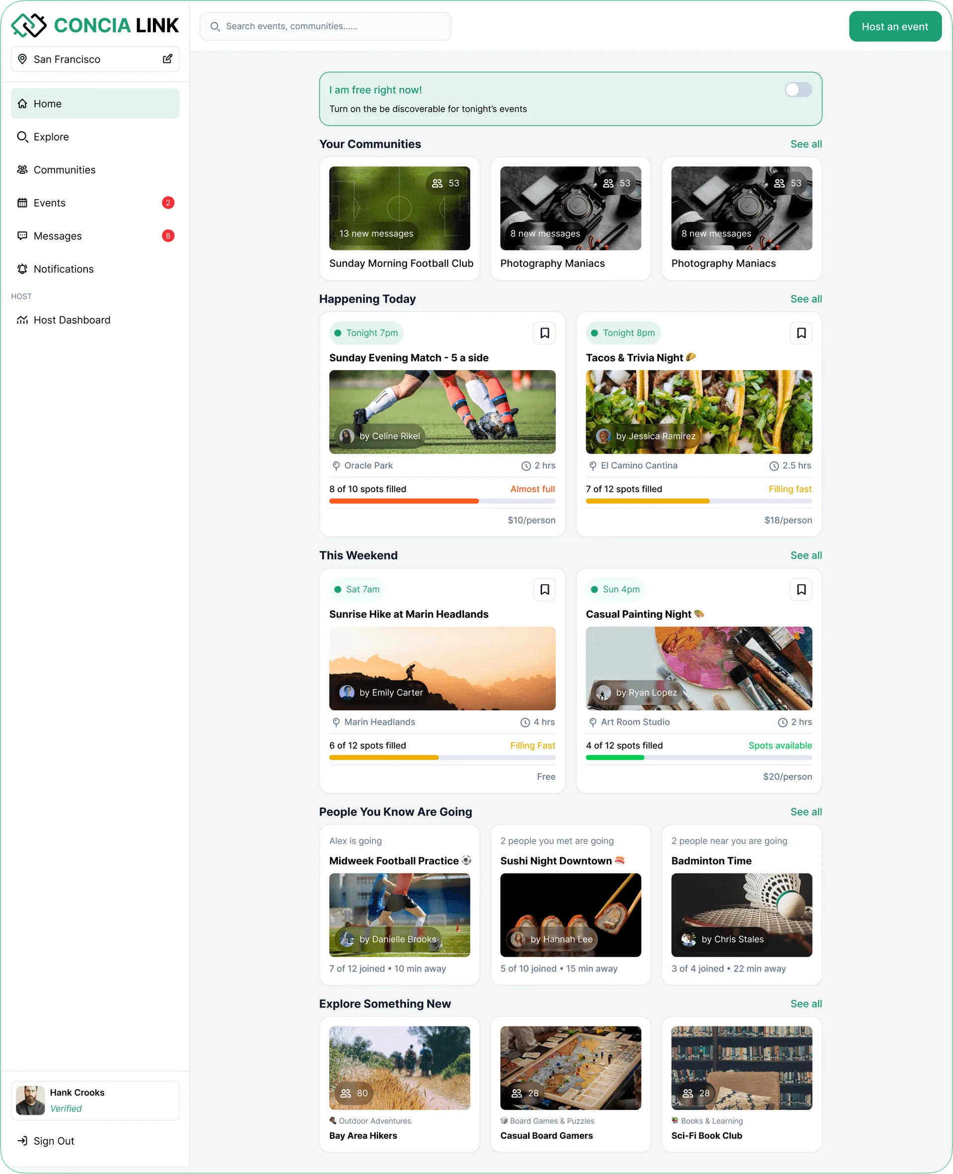 Concia Link web homepage dashboard showing communities, happening today events, trending activities, and people you know sections