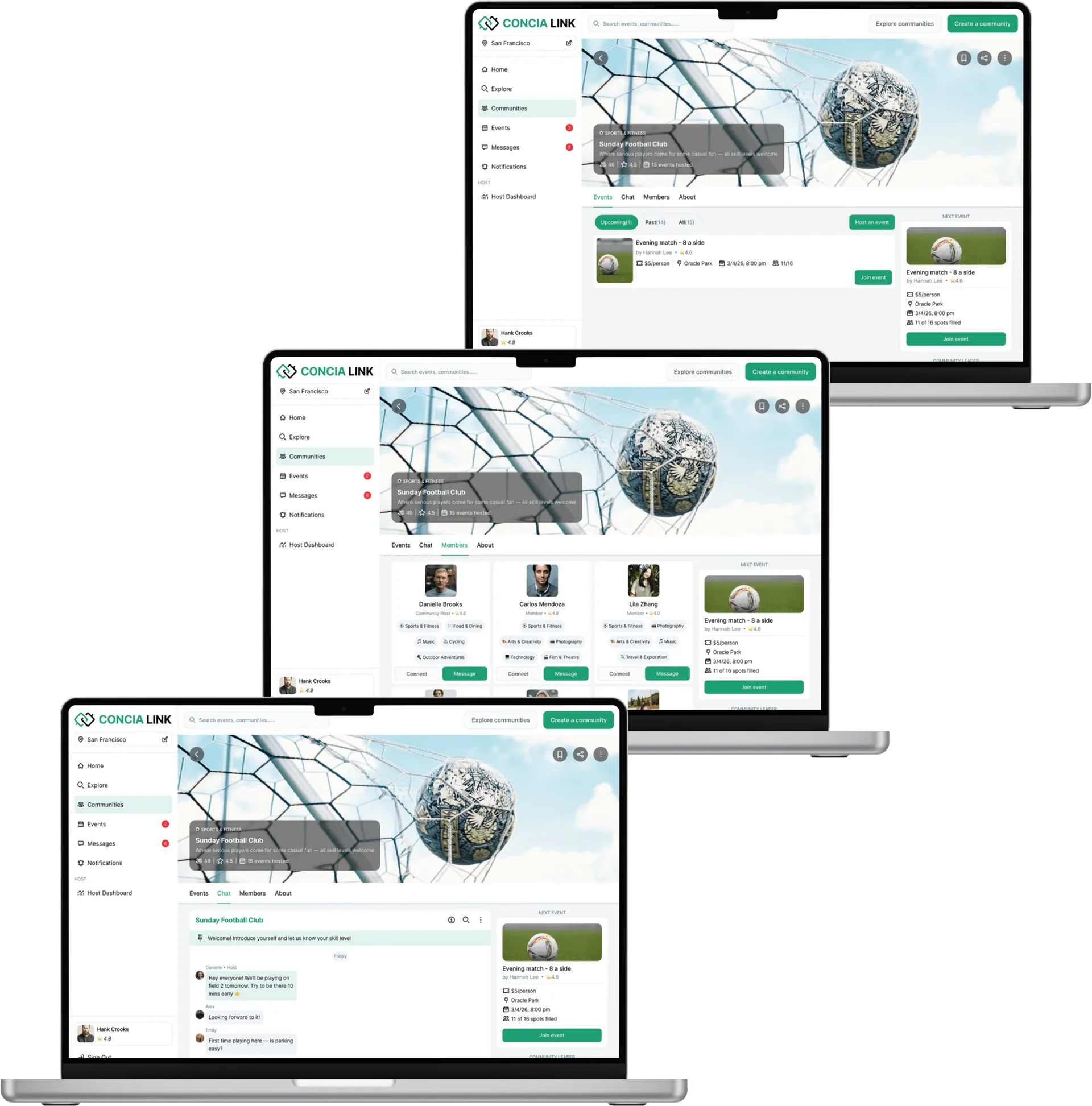 Concia Link joined community experience shown across three overlapping laptop screens displaying events tab, members view, and group chat