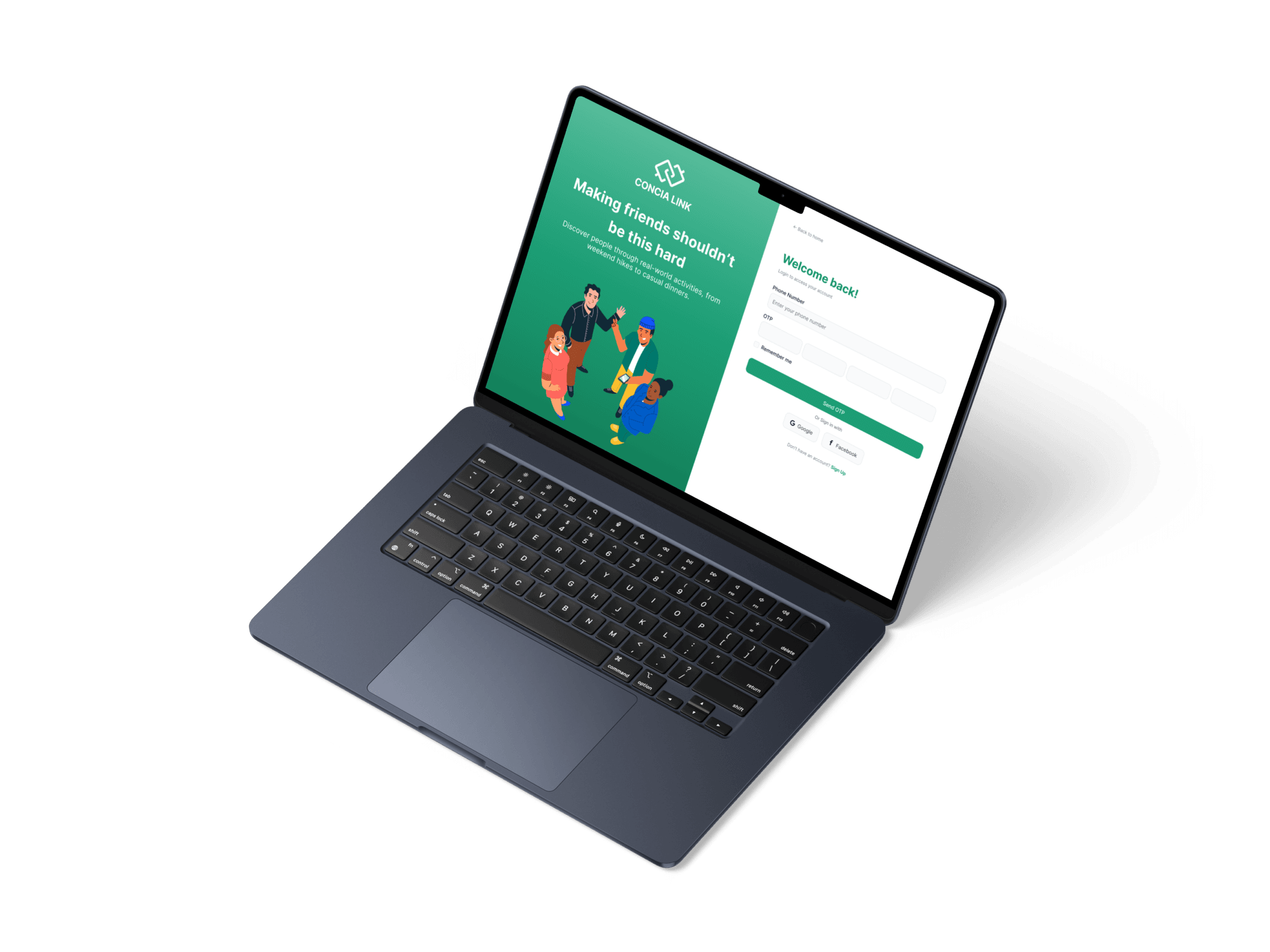 Concia Link web login screen displayed on a MacBook Air showing OTP-based authentication with Google and Facebook sign-in options