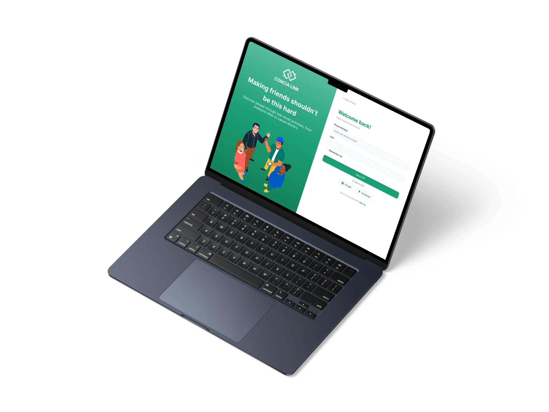 Concia Link web login screen displayed on a MacBook Air showing OTP-based authentication with Google and Facebook sign-in options