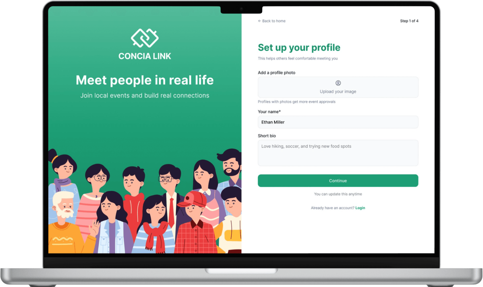 Concia Link sign-up step 01: Profile Setup