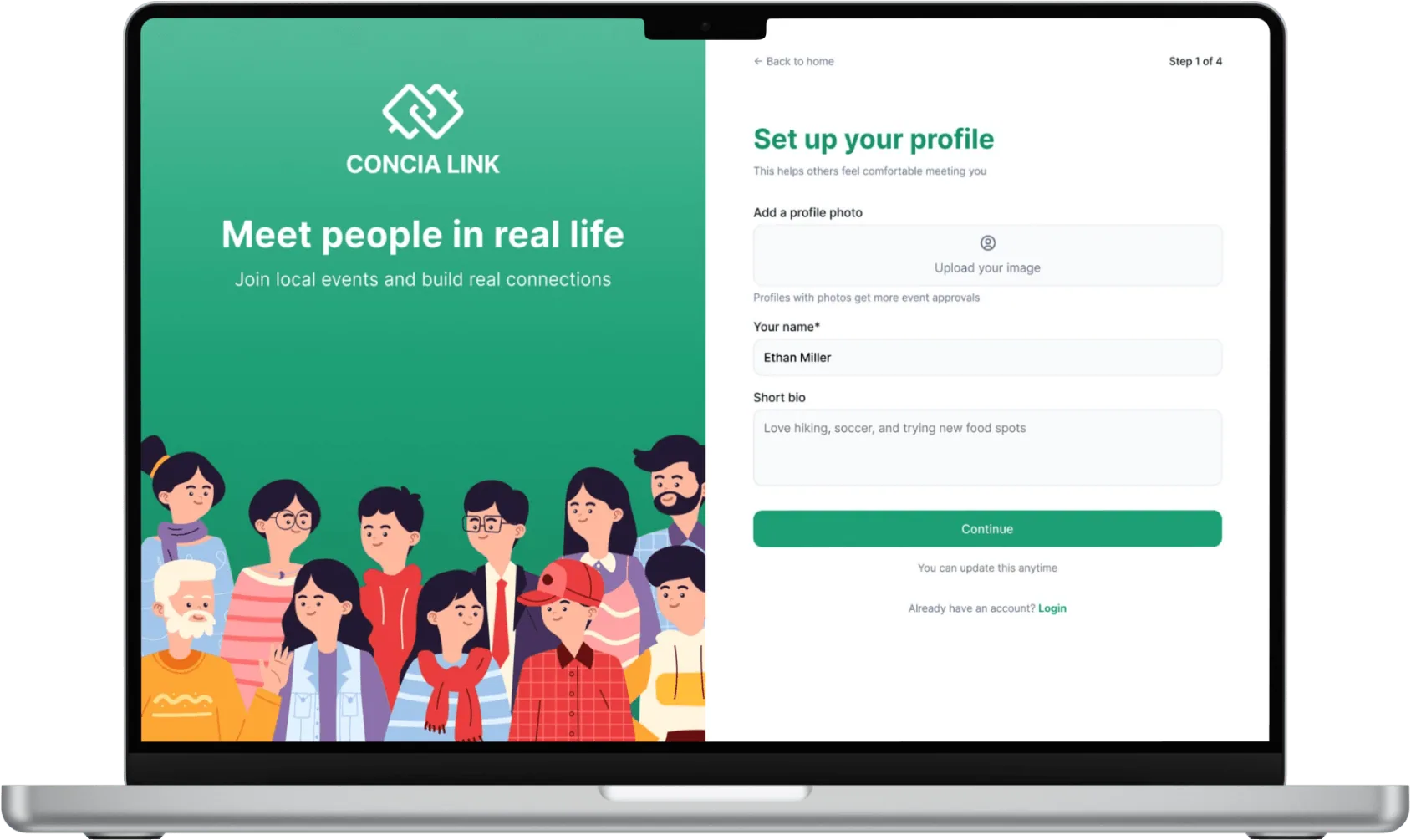 Concia Link sign-up step 01: Profile Setup