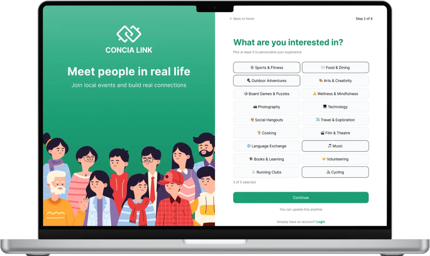 Concia Link sign-up step 02: Interest Selection