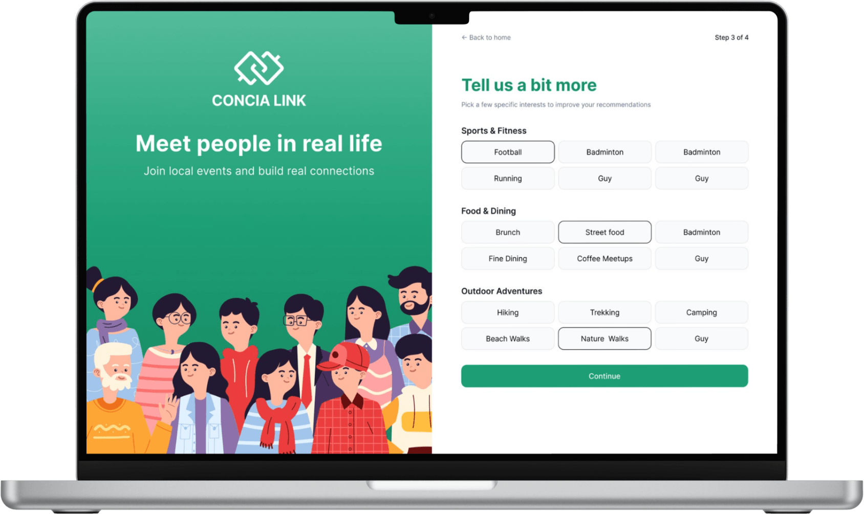 Concia Link sign-up step 03: Preference Refinement