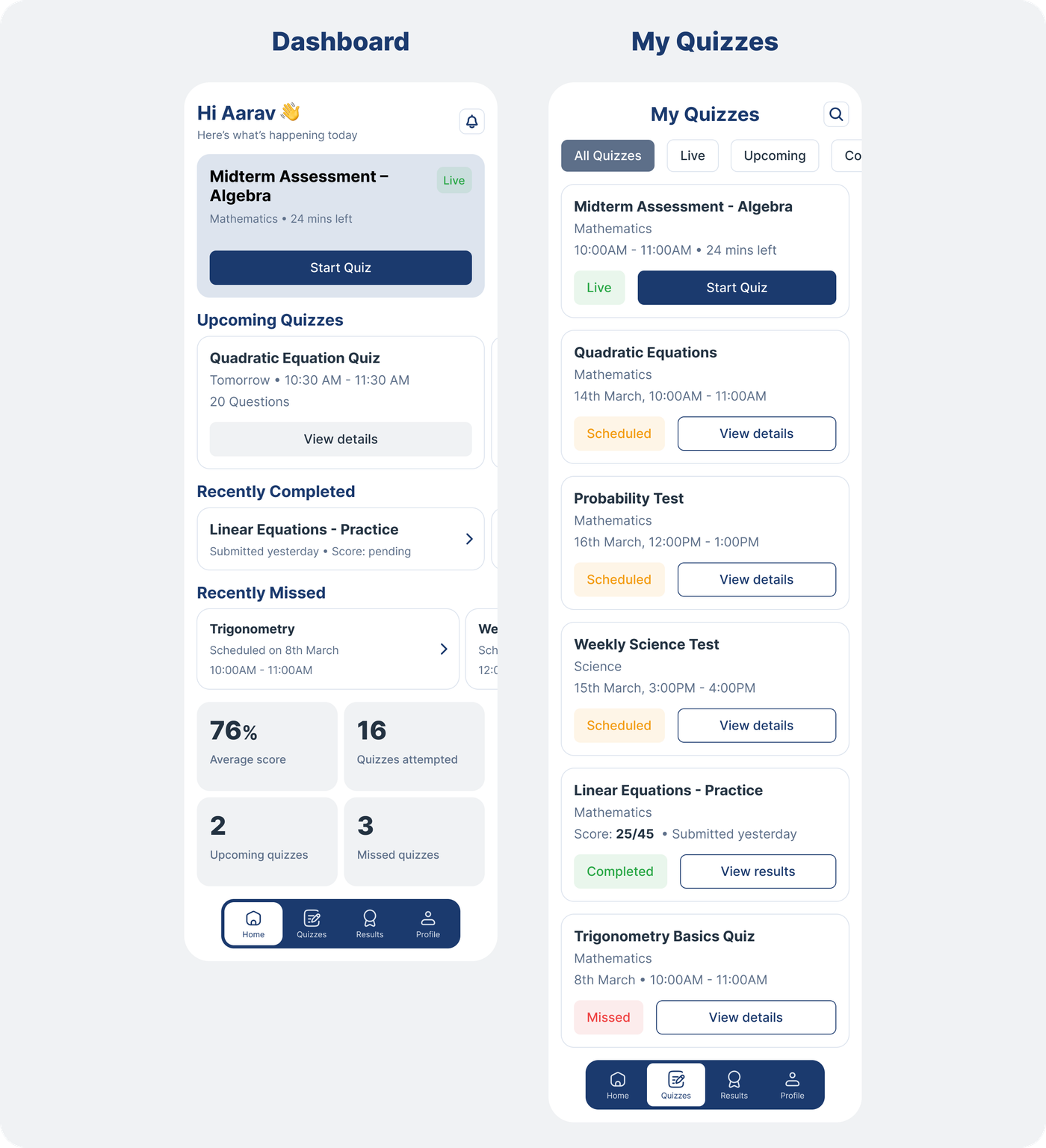 Mobile Dashboard and My Quizzes screens