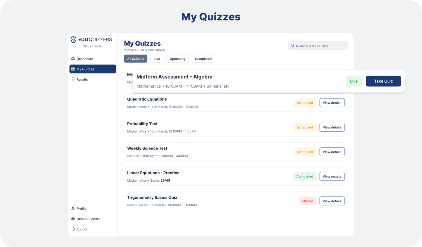 Mobile My Quizzes — detailed view