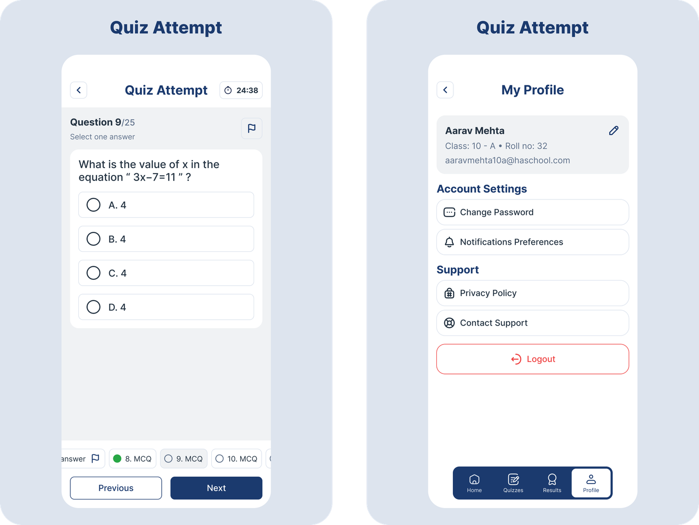 Mobile Quiz Attempt screens