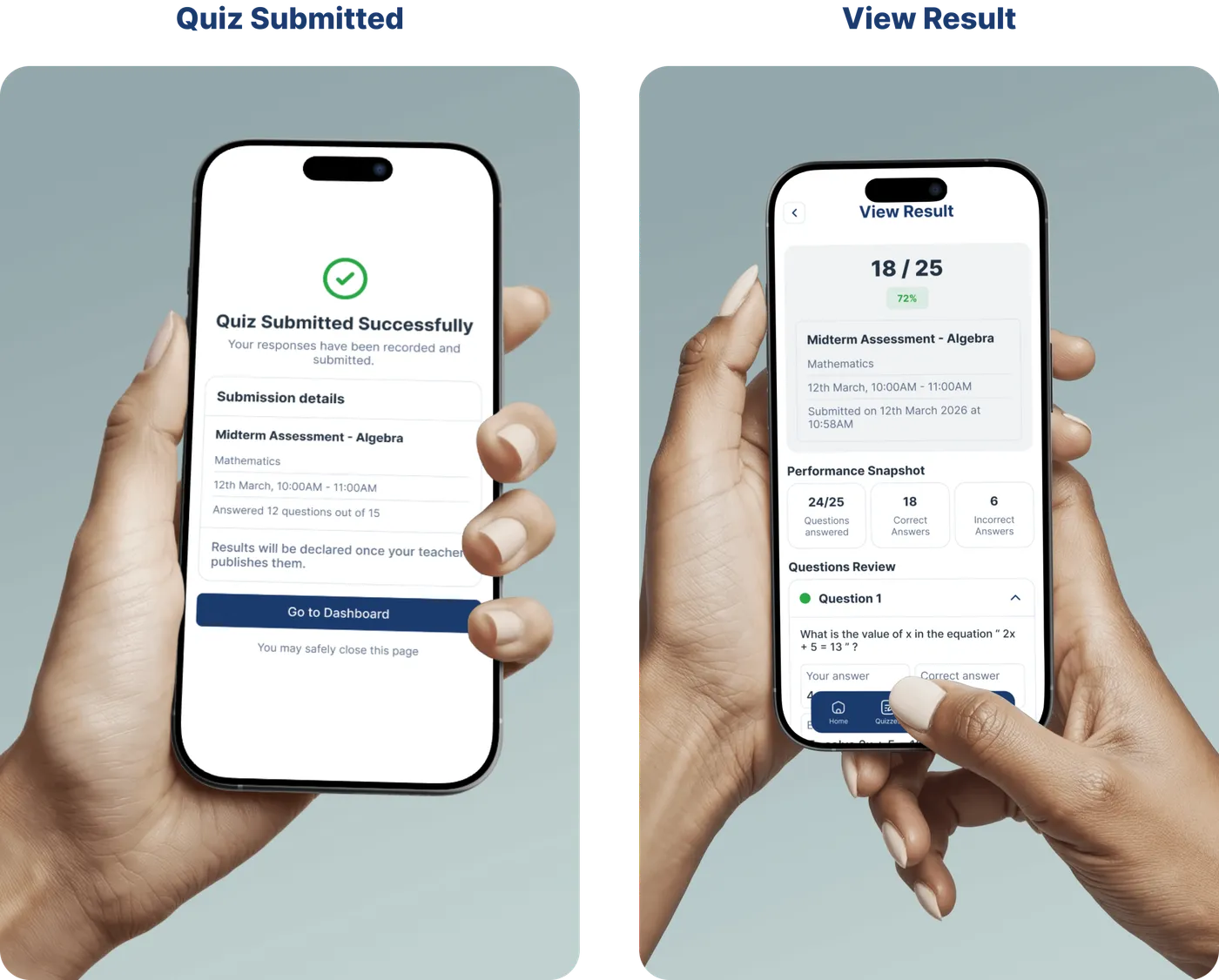 Mobile Quiz Submitted and View Result screens