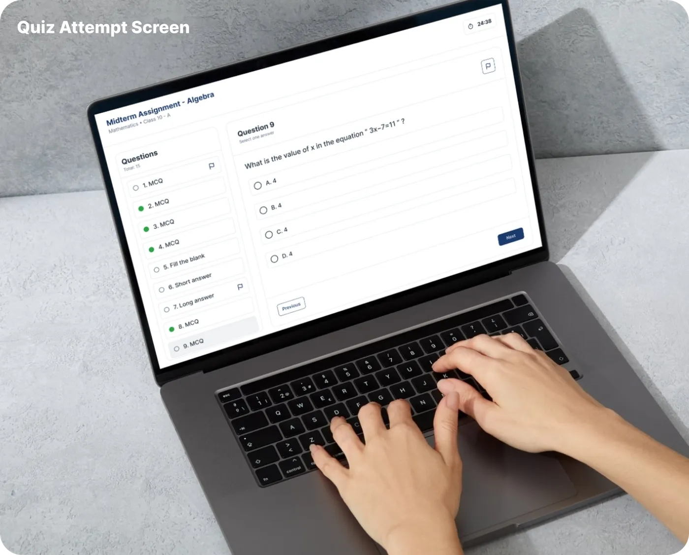 Student Quiz Attempt — question interface