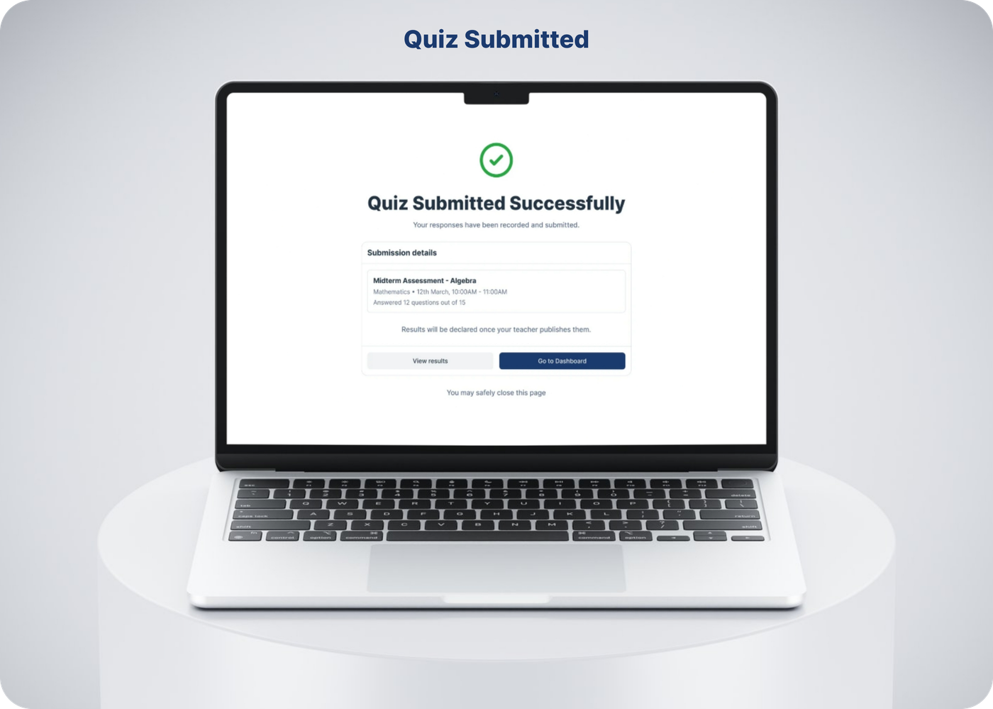 Student Quiz Submitted — confirmation screen