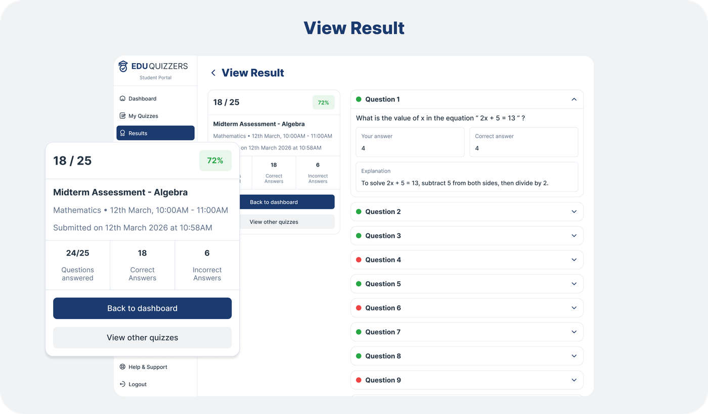 Student View Result — performance breakdown