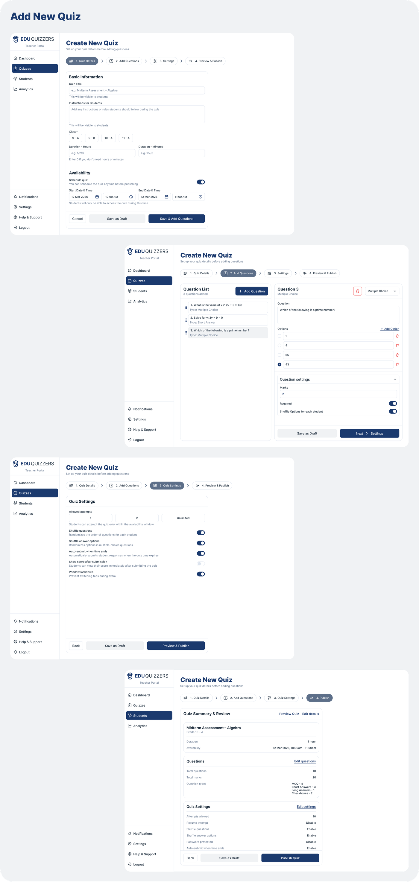 Add New Quiz — details, questions, settings, preview & publish