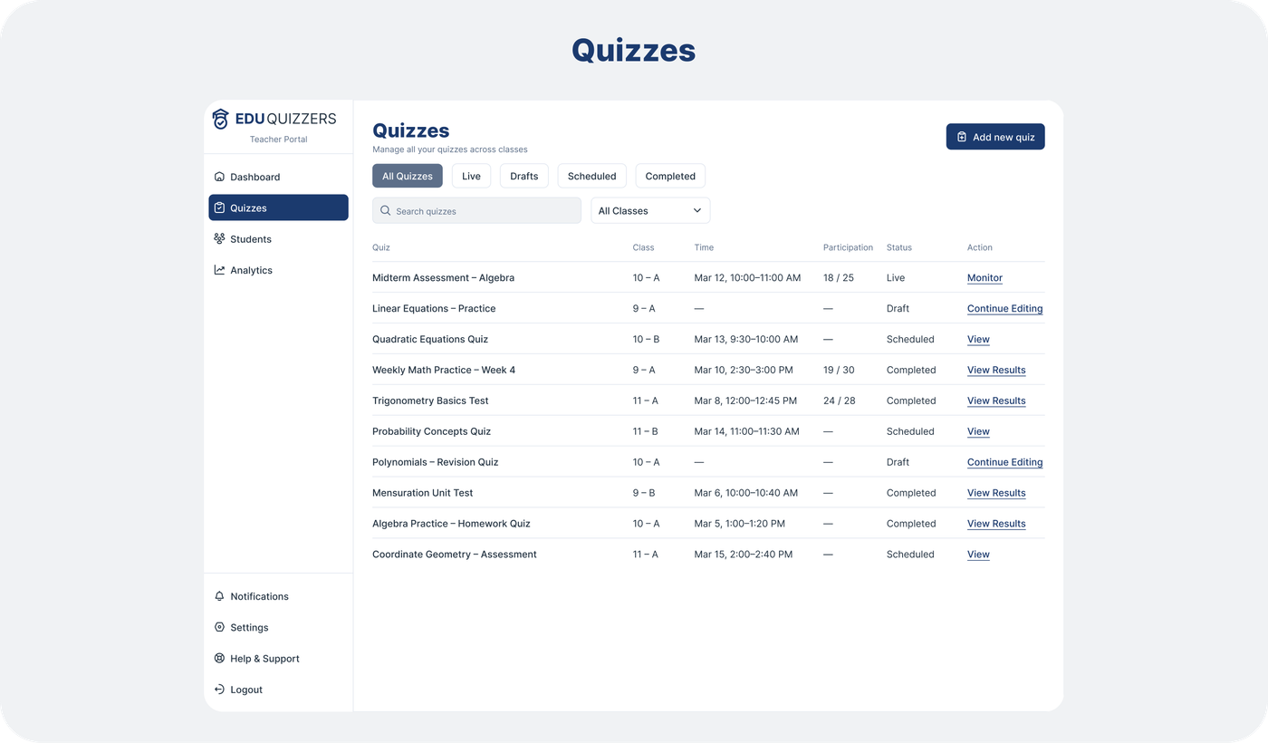 Teacher Quizzes — quiz list and management