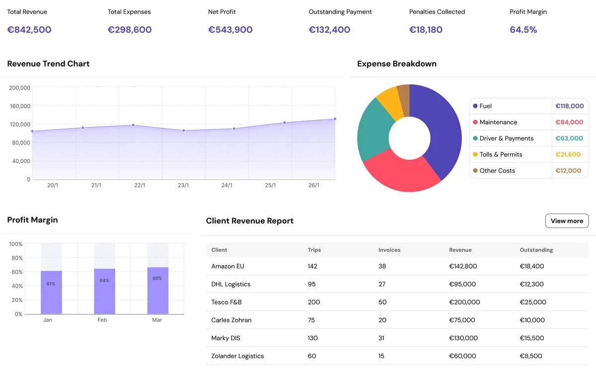 FFM Financial Reports dashboard with revenue KPIs, expense charts, and profit margin analysis