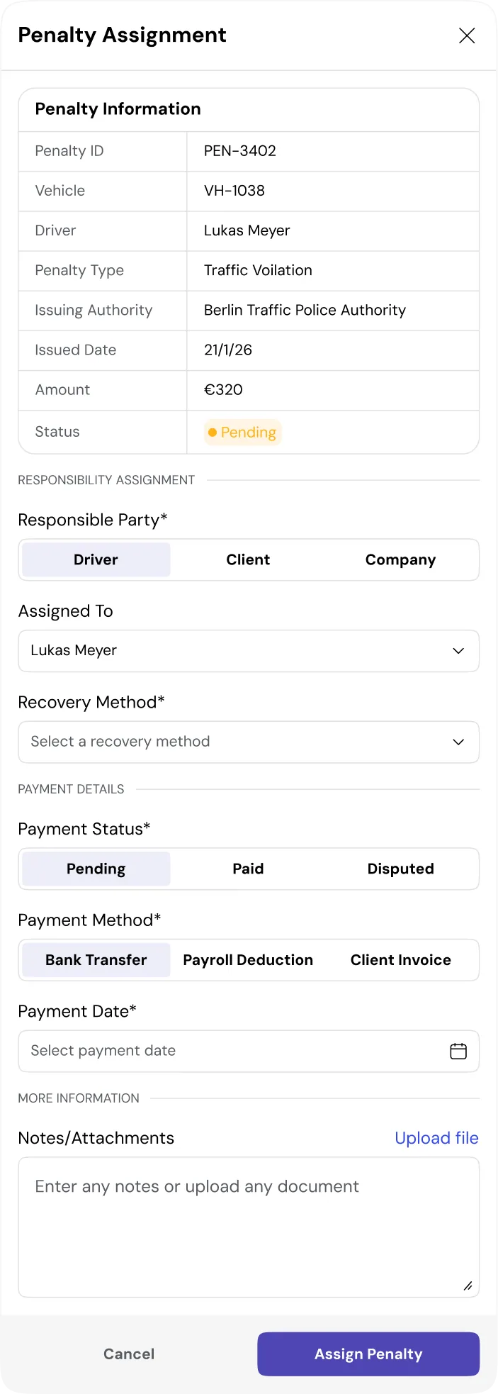 FFM Penalty Assignment dialog for assigning responsibility
