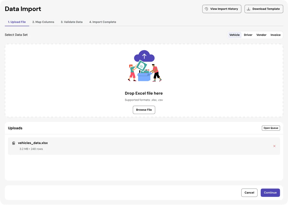 FFM Data Import Step 1 — Excel upload with drag-and-drop and template download