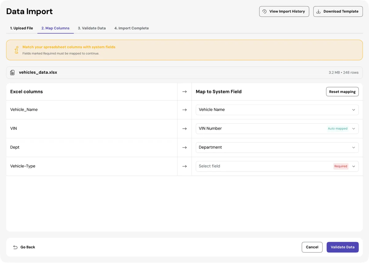 FFM Data Import Step 2 — Column-to-field mapping interface