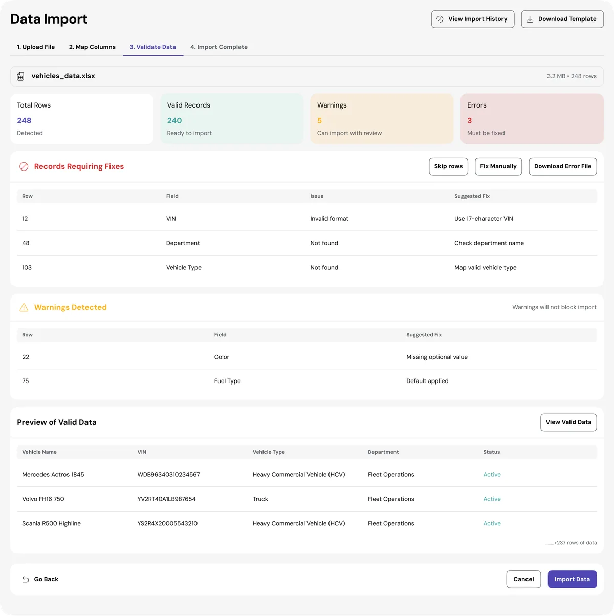 FFM Data Import Step 3 — Validation with error highlighting