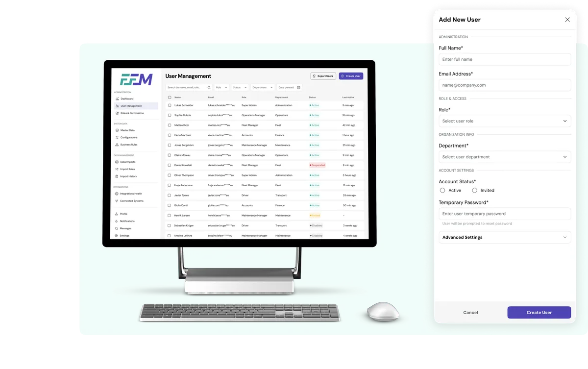 FFM User Management screen with user list and create-user form