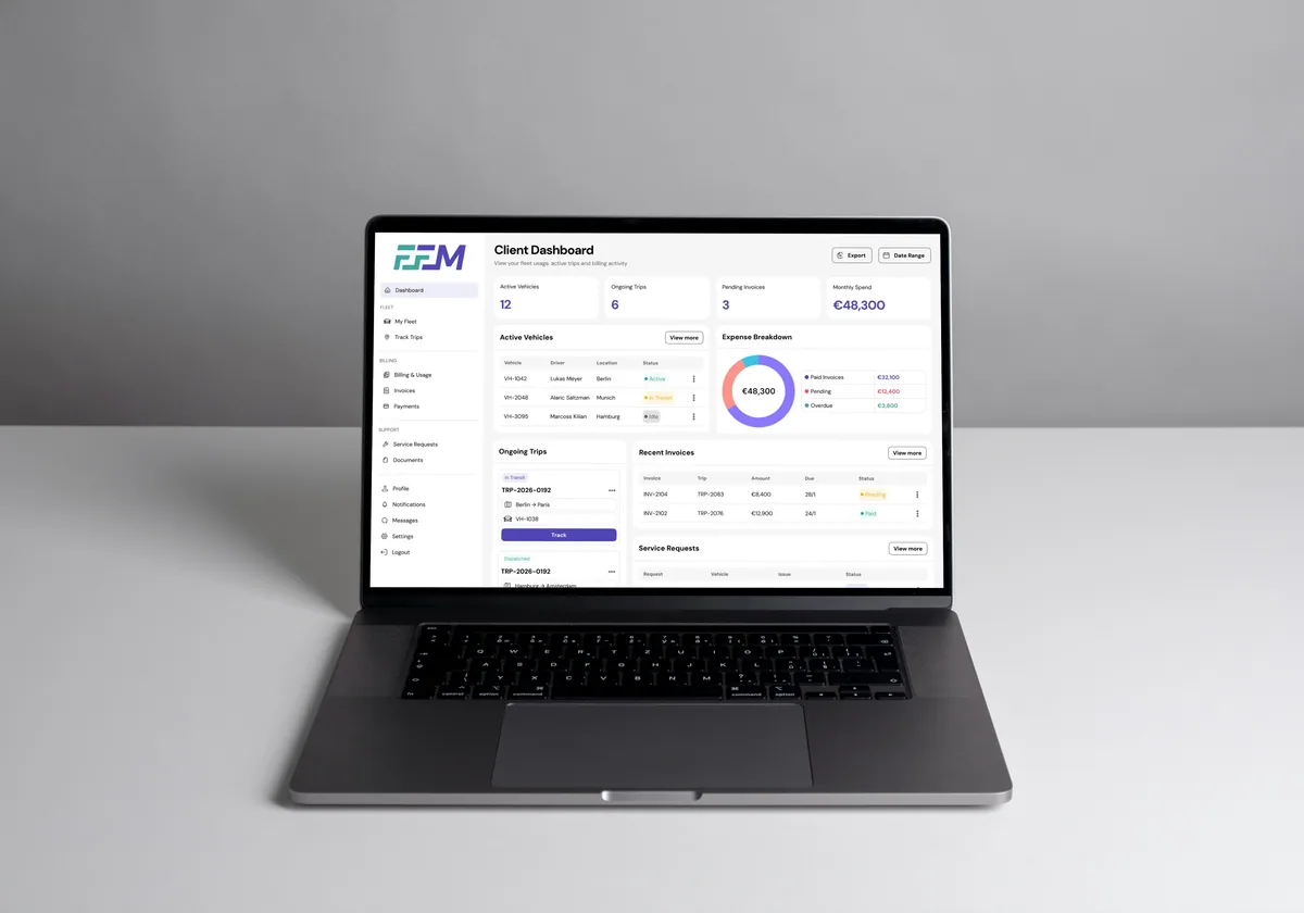 FFM Client Dashboard shown with live trip tracking on a desktop screen