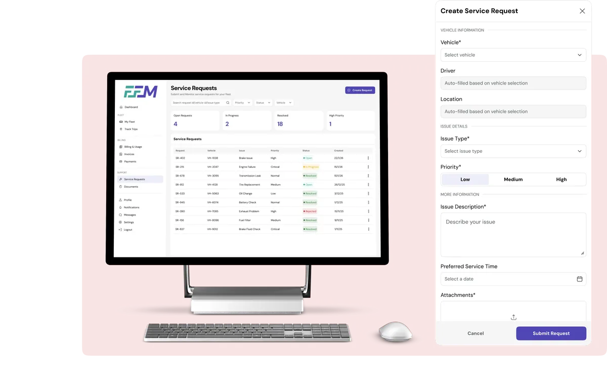 FFM Service Requests screen with request form and status-tracking list