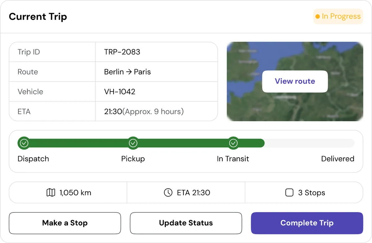 FFM Driver — Current Trip card showing route progress and vehicle details
