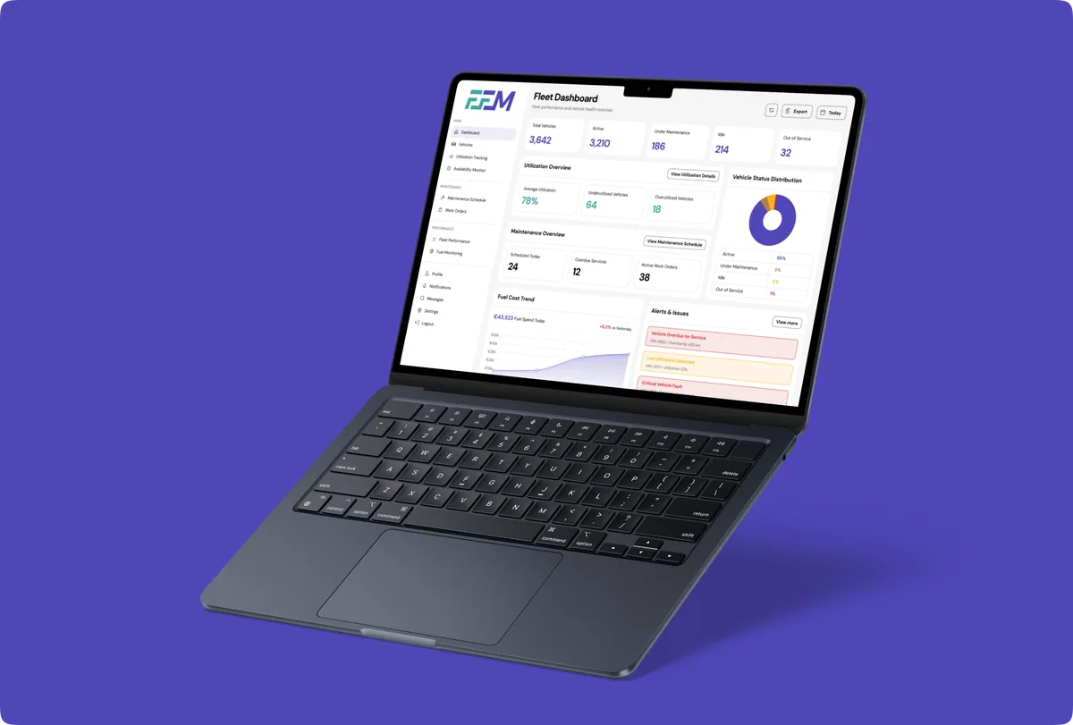 FFM Fleet Manager Dashboard on MacBook Air showing fleet performance metrics