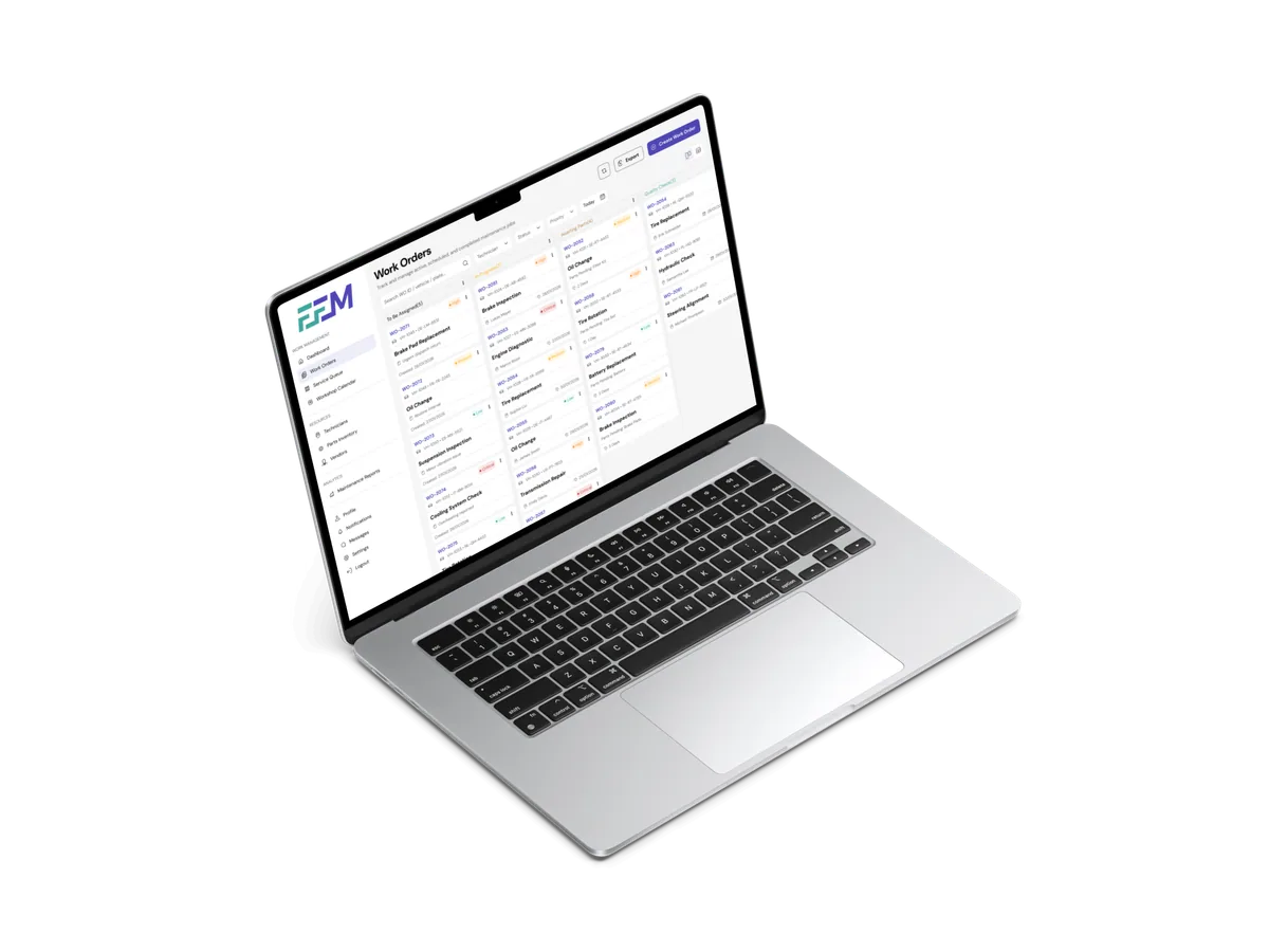 FFM Work Orders Kanban board shown on MacBook Air