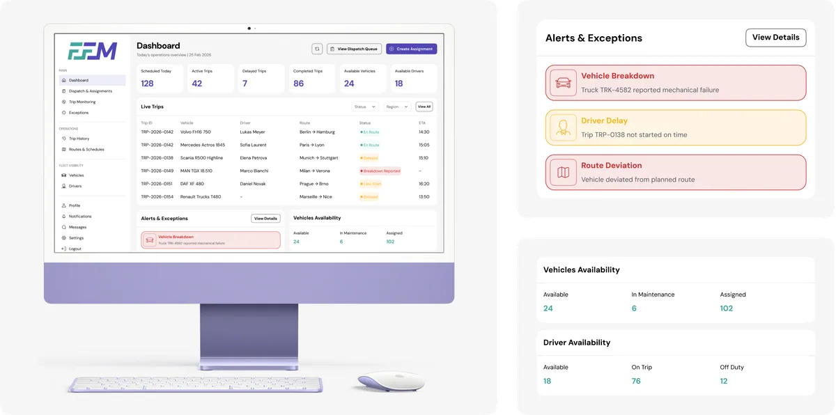 FFM Operations Manager Dashboard with iMac mockup and side metric cards