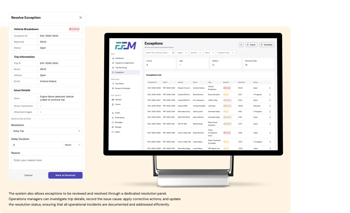 FFM Exceptions screen showing categorised operational disruptions