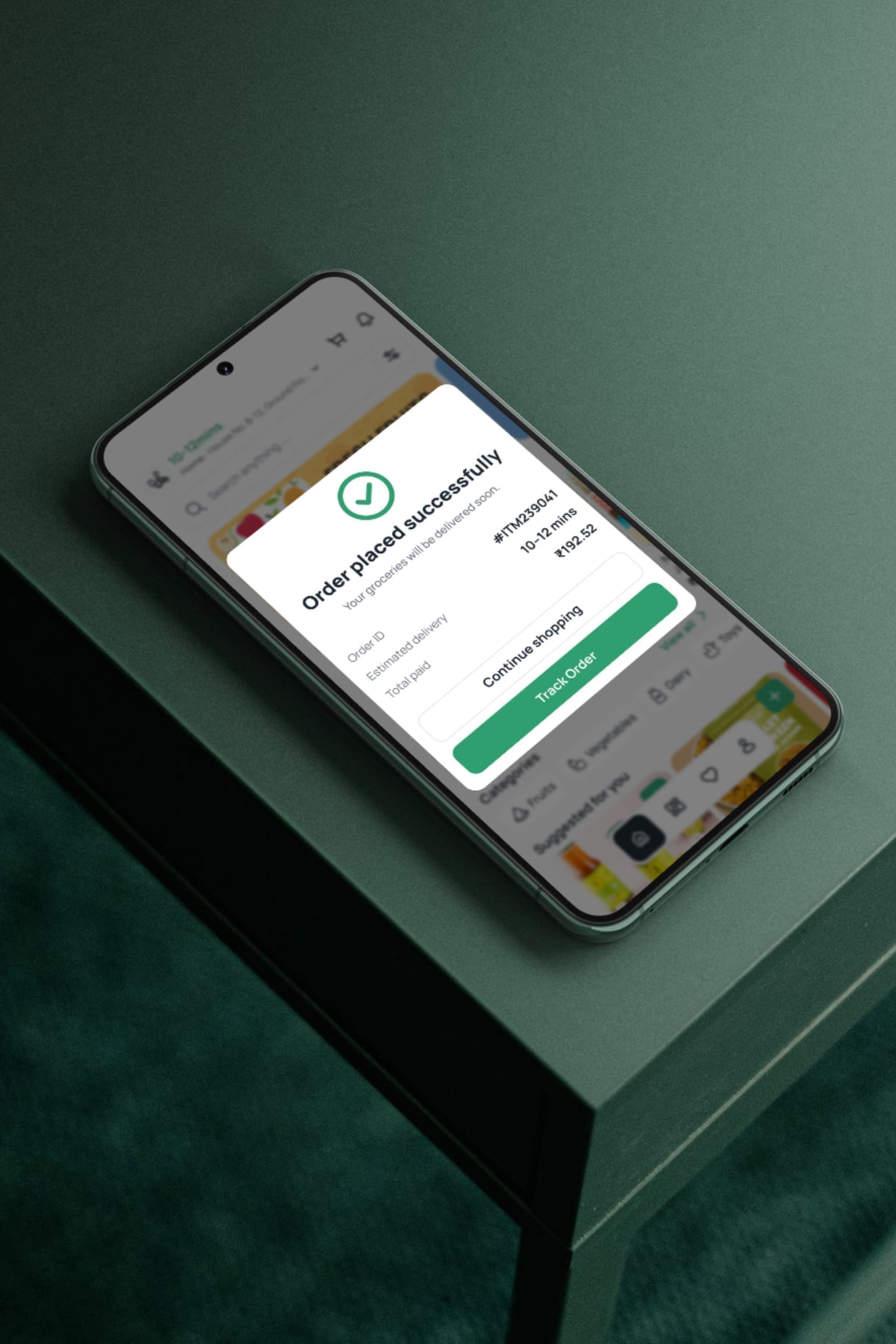 Itemry order success screen on phone mockup