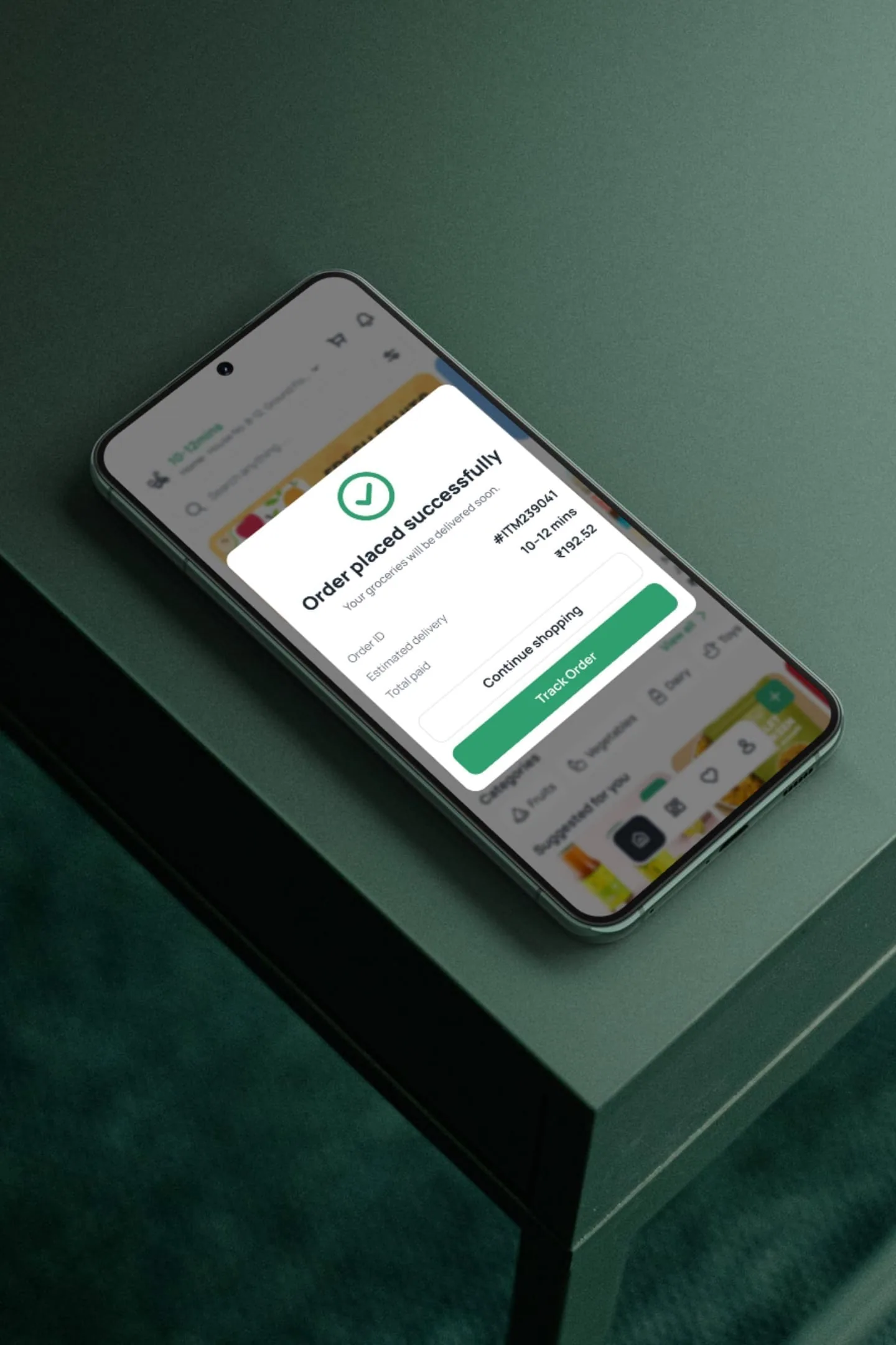 Itemry order success screen on phone mockup