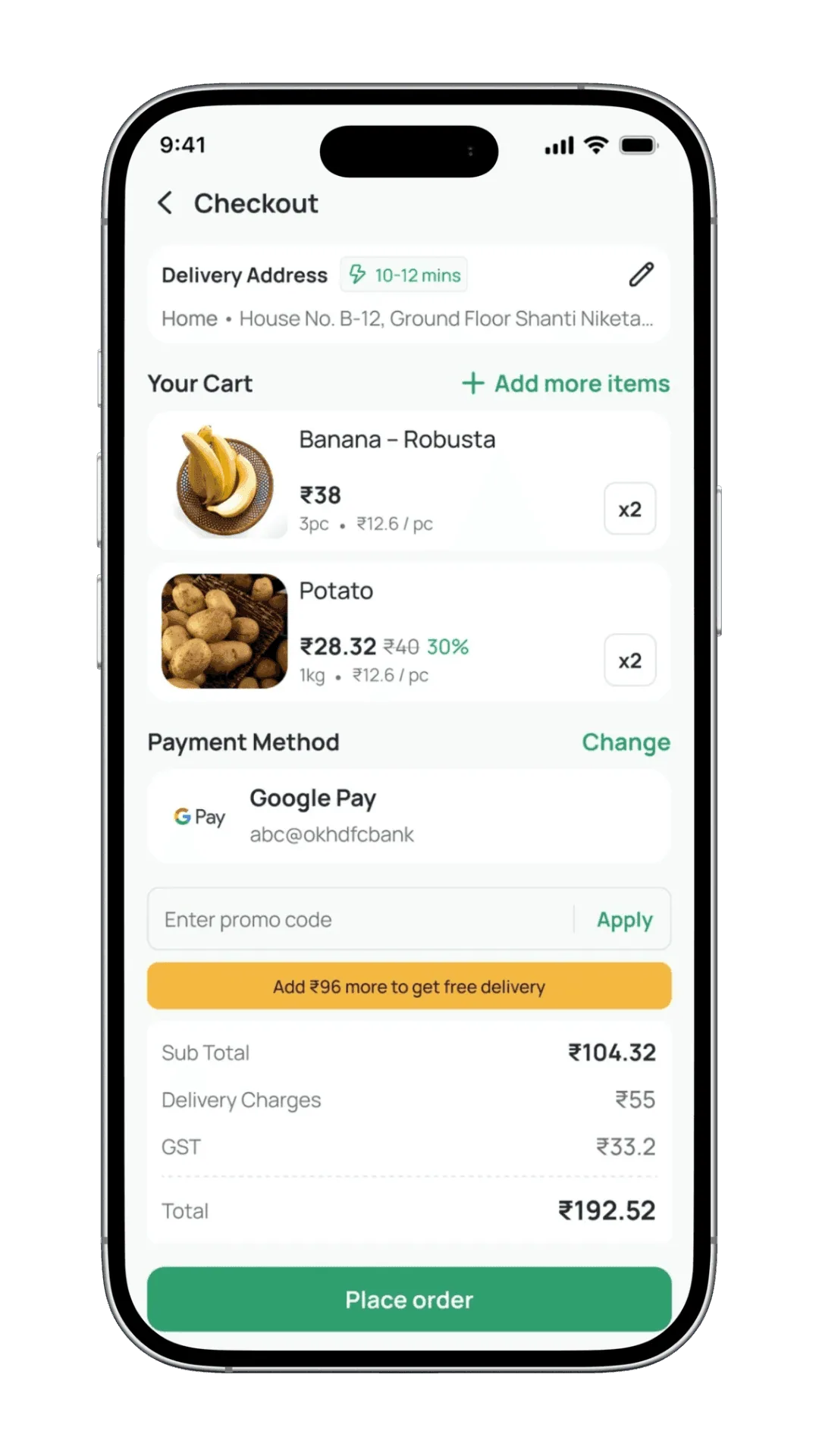 Itemry quick-commerce checkout flow