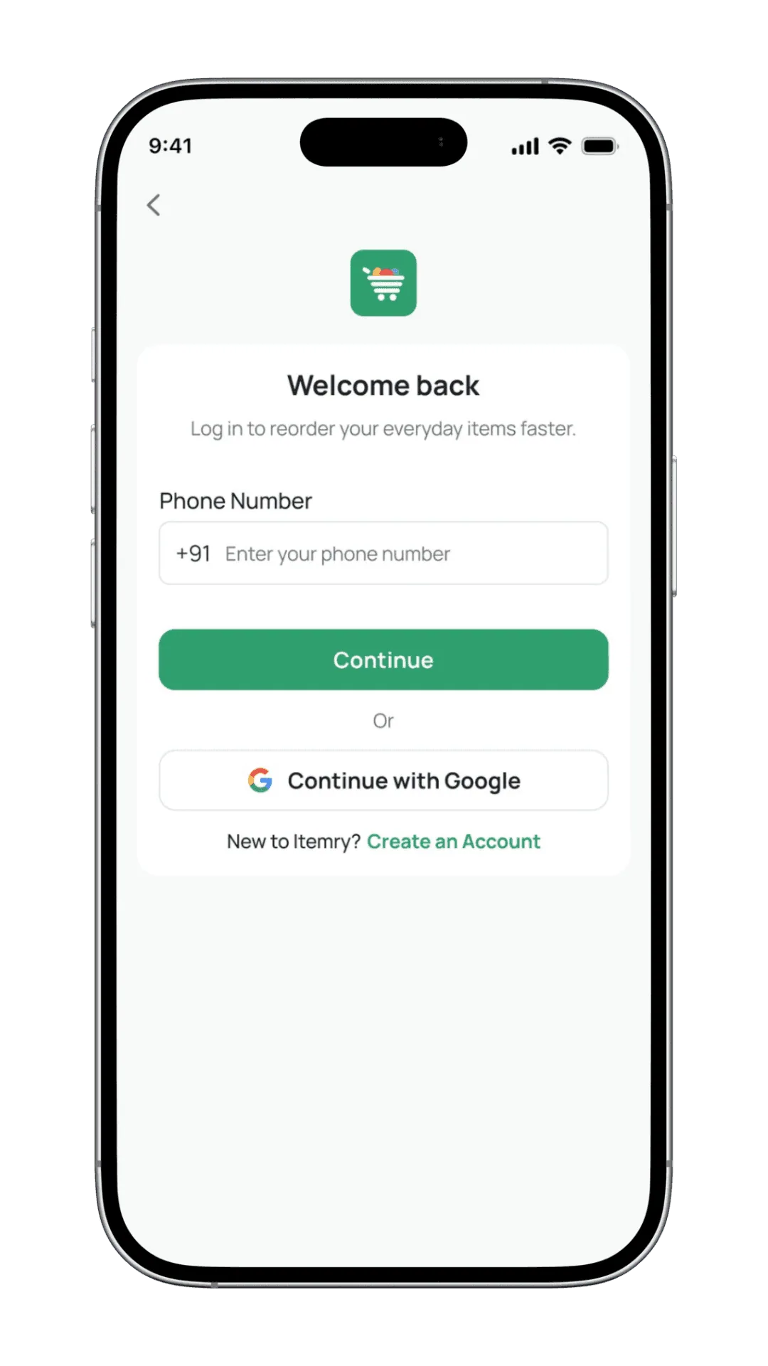Itemry mobile login screen with email and social sign-in