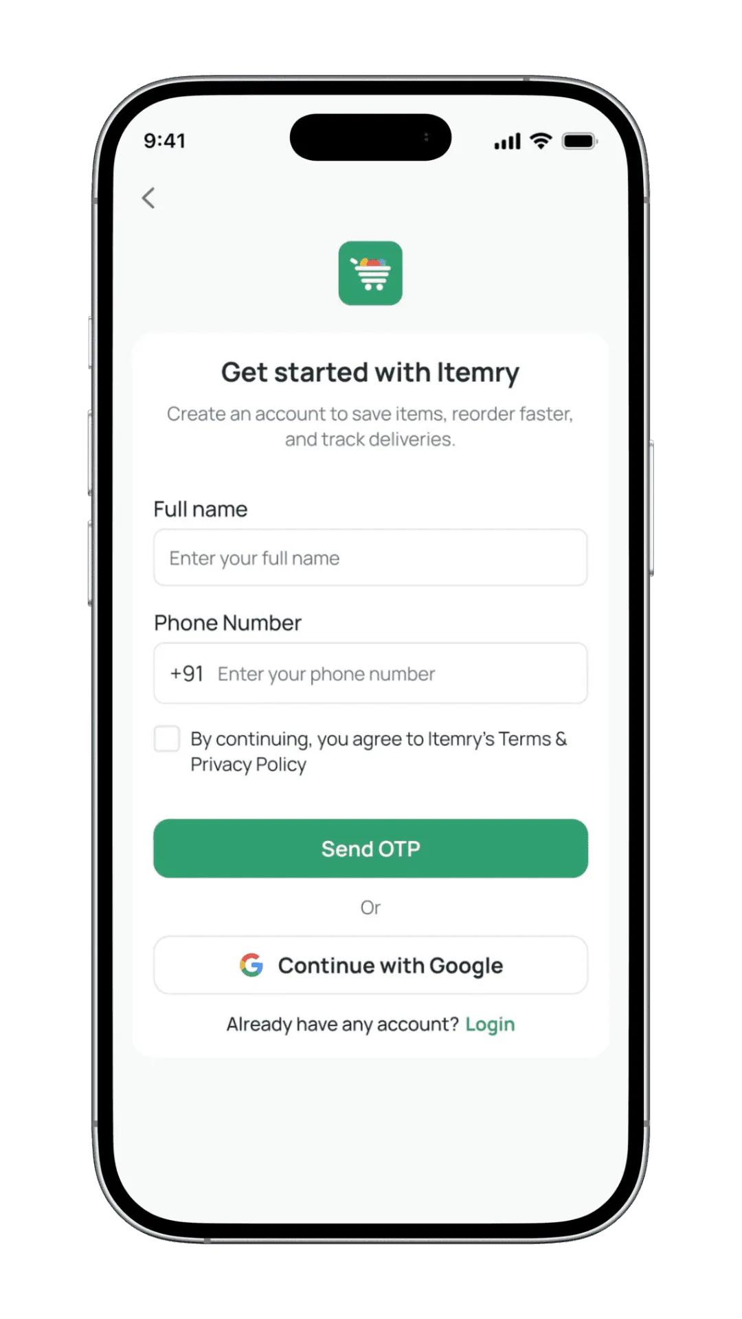Itemry mobile sign up screen for new shopper onboarding