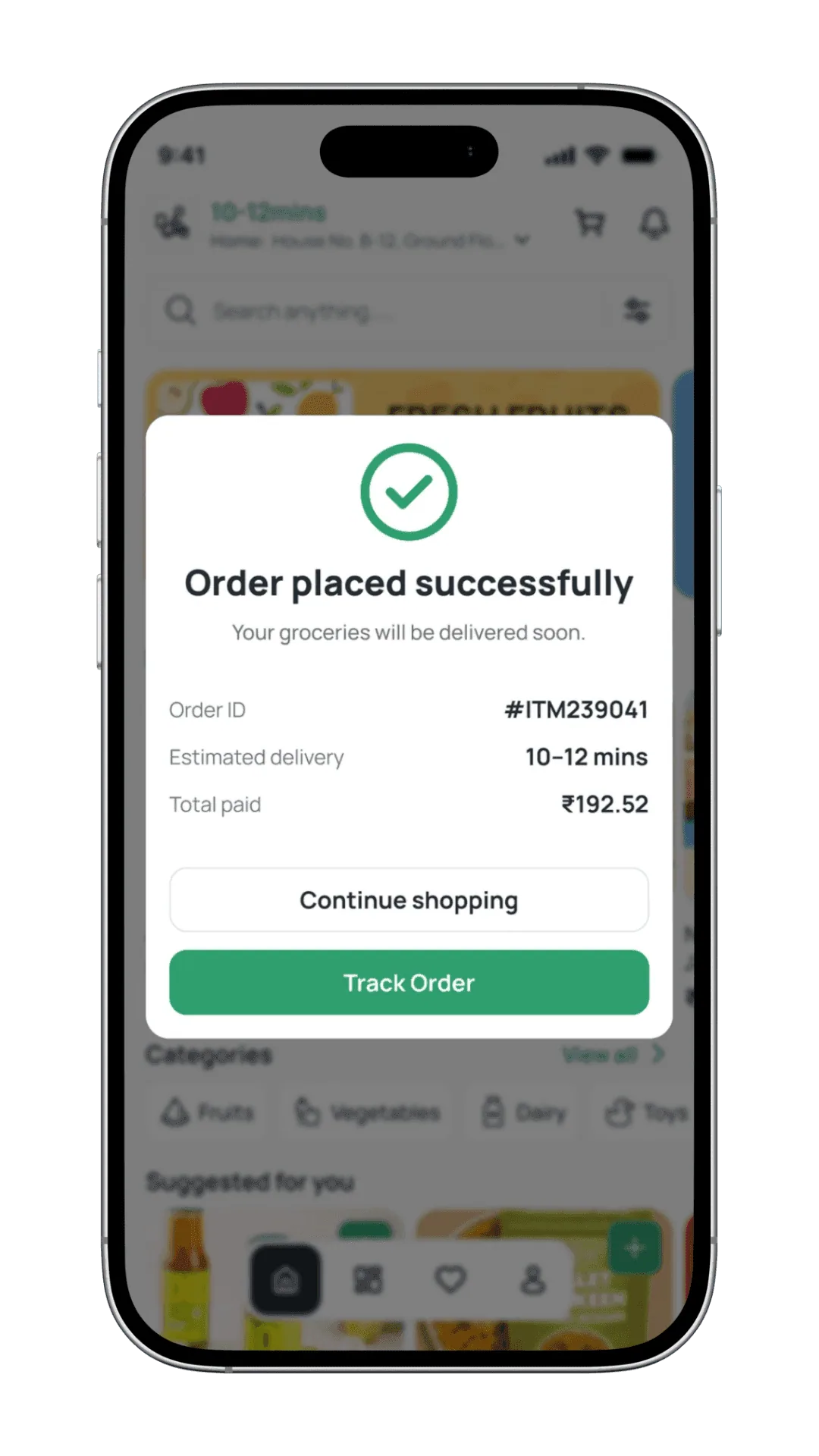 Itemry order confirmation and success screen