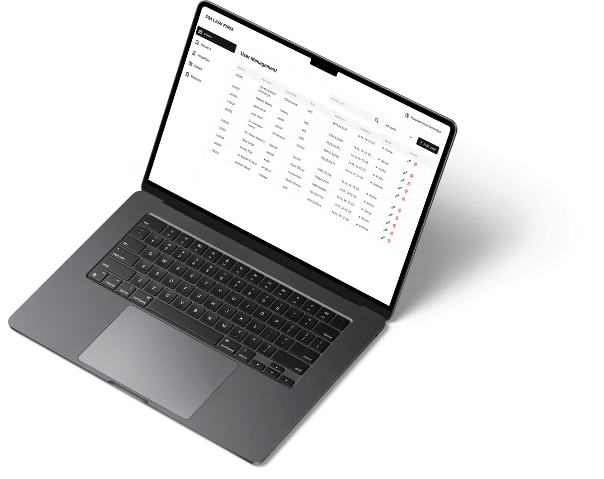 PMLF admin dashboard on a MacBook Air 15 mockup showing user list with search, filters, and management controls